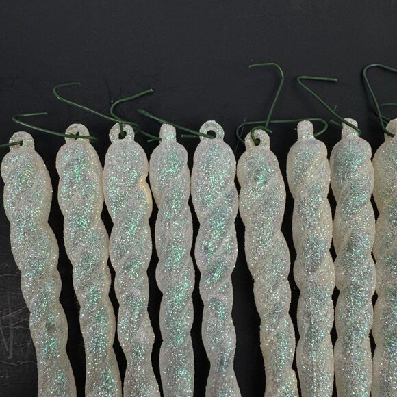 12 Vtg 5inch Hard Plastic Twist Icicle Glitter White Iridescent Ornament Xmas - Picture 10 of 10